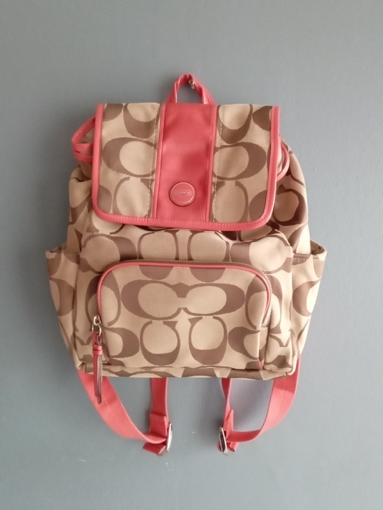 Coach Handbags - Coach Signature Jacquard Backpack Khaki Brown‎ Coral Pink F1615-F21928